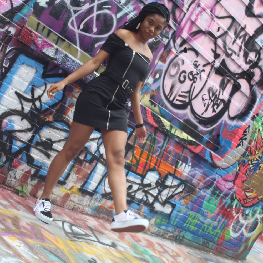 Black Bardot Style Biker Mini Dress